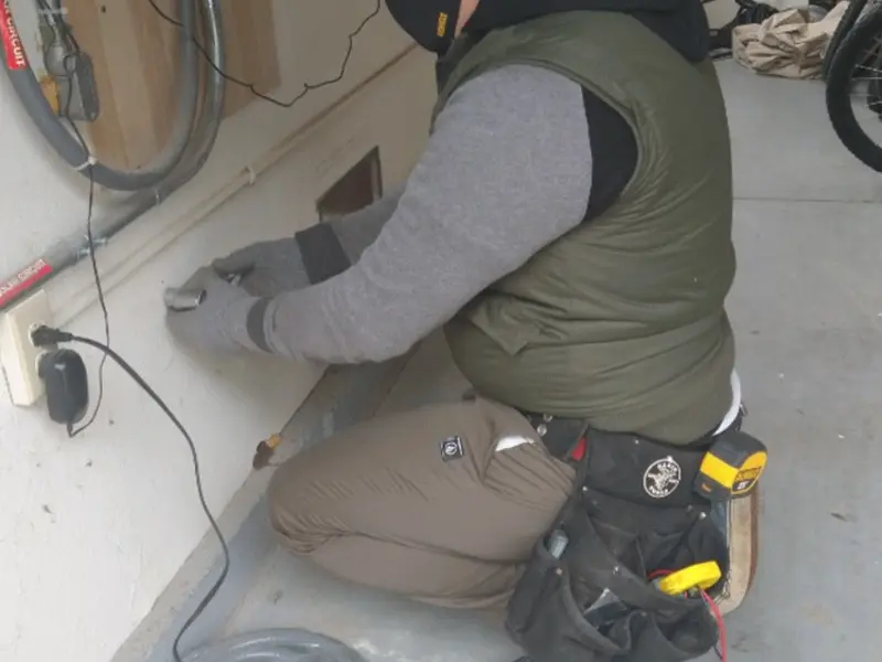 Electrician performing outlet wiring in a Northfield garage